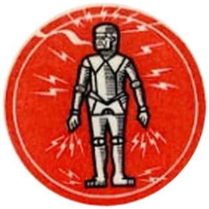 The Robot Salesmen seal: a tin robot crackling with electricity on a red disc